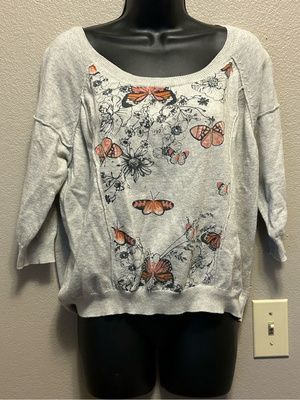 American Rag Cie Sweater Cropped Casual Knit Butterfly Botanical Floral Sz M